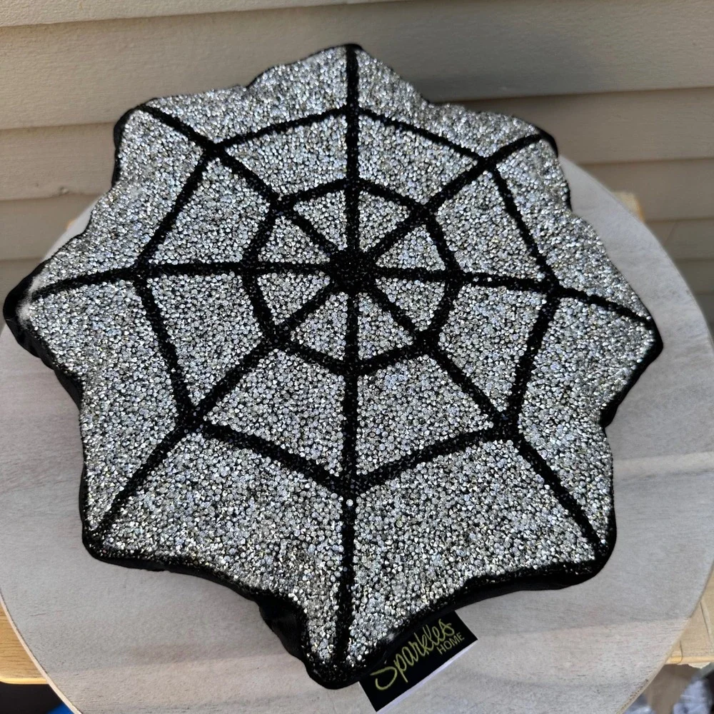 Sparkles Home Spider Web Rhinestone Pillow Black Silver 16in Gothic Decor NEW